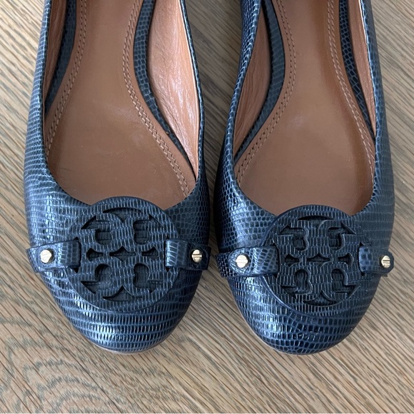 Tory Burch Mini Miller Leather Logo Flats Matte Micro Tejus Print Navy Blue 8.5 - Picture 6 of 13